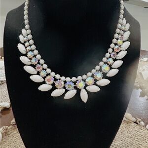 Vintage White Marquise and Aurora Borealis Crystal Collar Necklace Stunning!